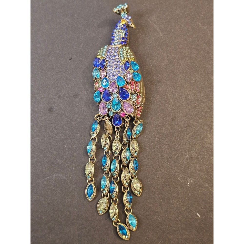 LARGE Tassel Peacock Brooch Women Multi Color Rhinestone Tassel Dangle - Picture 7 of 8